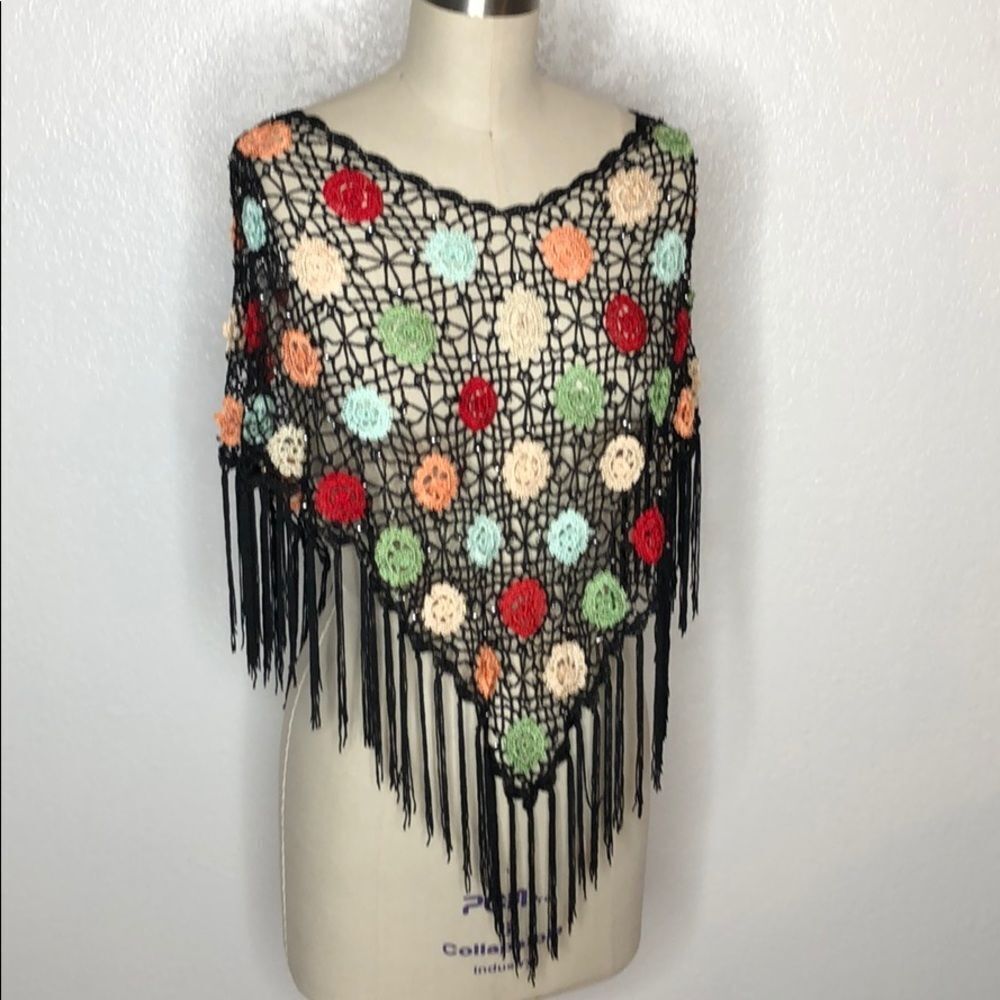 vintage floral knit western Frida khalo 70s hippie poncho